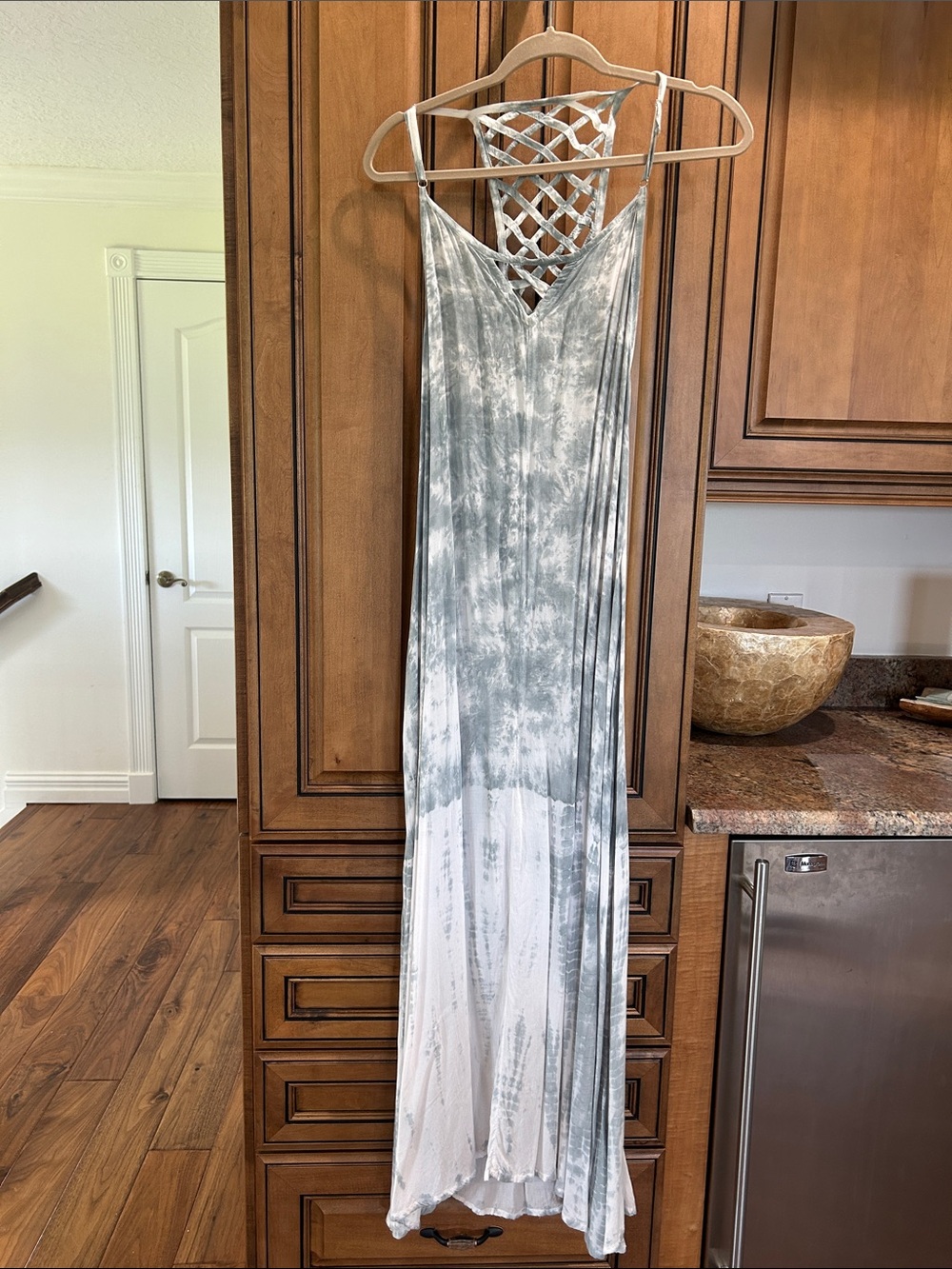 Boho Gray and White Tie-Dye Maxi Dress with Lattice Back worn once